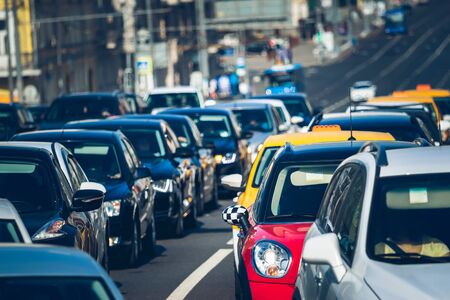 Cars standing in a queue during rush hourの写真素材