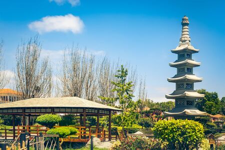 Fractal stone tower in japanese garden in La Serena, Chileの写真素材