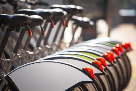 Closeup of bicycles at rental stationの写真素材