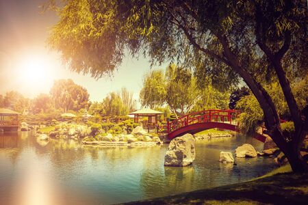 Beautiful japanese garden with decorative red bridge under the pond at sunset in La Serena, Chileの写真素材