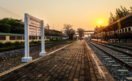 Landscape view of a train station during the sunsetのeditorial素材