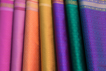 Colorful of Thai silk fabric handmade craft made by local peopleの写真素材