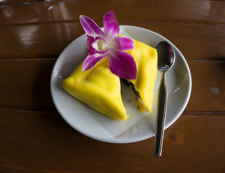 Crepes delicious dessert in white plateの写真素材