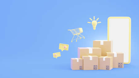 3d render of cardboard boxes with decoration on shopping online concept