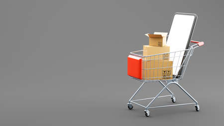 3d render of cardboard boxes and smartphone on shopping cartの写真素材