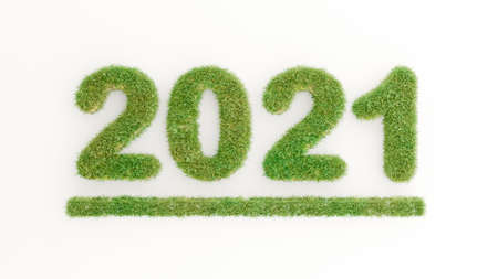 3d render of green grass on happy new year 2021 textの写真素材