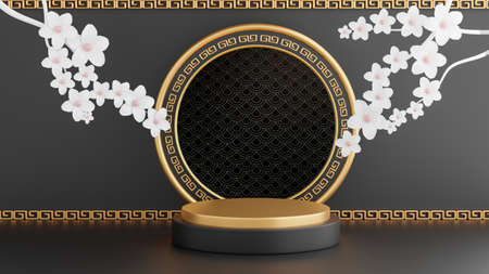 3d render of black podium chinese decoration for product presentrationの写真素材