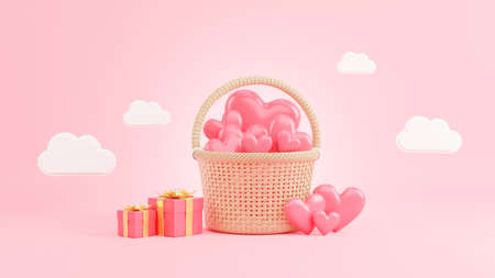 3d render of pink heart in wicker basket at valentine dayの写真素材
