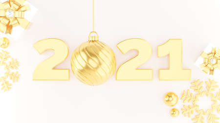 3d render of gold 2021 happy new year background with decorationの写真素材