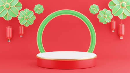 3d render of red podium with chinese concept  for product displayの写真素材