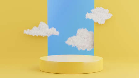 3d render of yellow podium with cloud for product displayの写真素材
