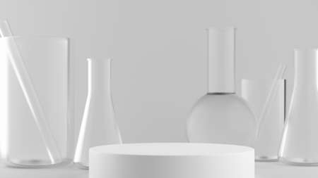 3d render of white podium with laboratory glassware for product display