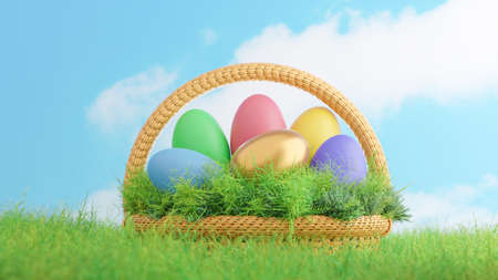 3d render of colorful egg on basket for happy easter festivalの写真素材
