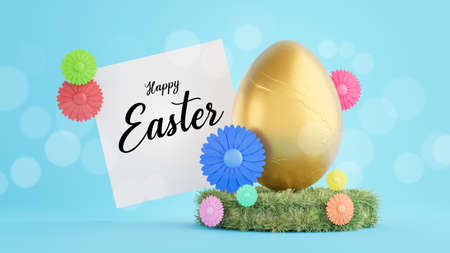 3d render of golden egg with text on white card for happy easter festivalの写真素材