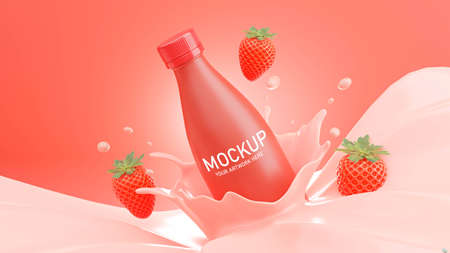 3d render of strawberry milk bottle with splash for mockup brandingの写真素材