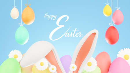 3d render of bunny ear with eggs for happy easter festival