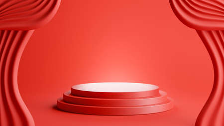 3d render of red podium with Curtain for product displayの写真素材