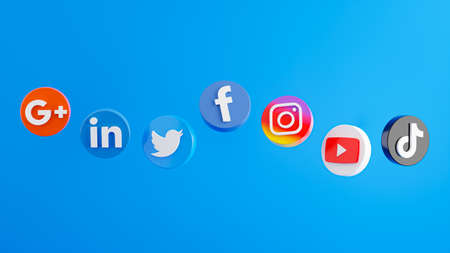 Nakhon phanom,Thailand-March 03,2021:3d render of floating smartphone with social media icon:Facebook,instagramのeditorial素材