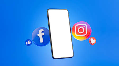 Nakhon phanom,Thailand-March 03,2021:3d render of floating smartphone with social media icon:Facebook,instagramのeditorial素材