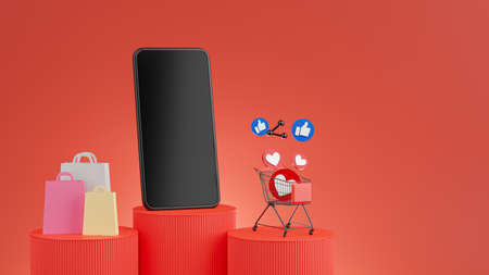 3d render of smartphone with shopping online concept on red podium for mockupの写真素材