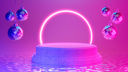 3d render of cylinder podium with neon lighting for product displayの写真素材