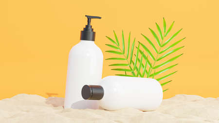 3d render of realistics cosmetics are placed on the sandの写真素材