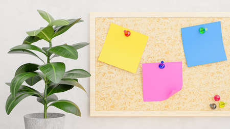 3d render of sticky notes plugged into a plywood board for your mockup