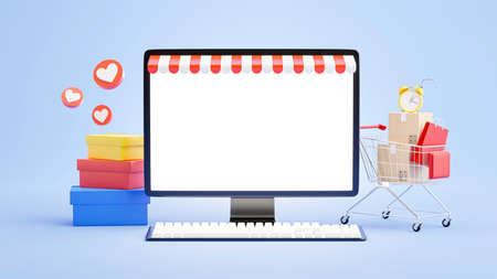 3d render of laptop store with shopping online conceptの写真素材