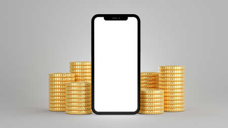3d render of smartphone with gold coins stack,copy space concept