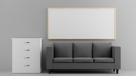 3d render of living room interior with picture frame sofa cabinet for your mockup