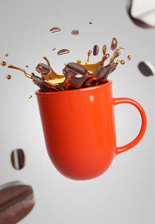 3d render of realistics coffee mug red with coffee splash for product displayの写真素材
