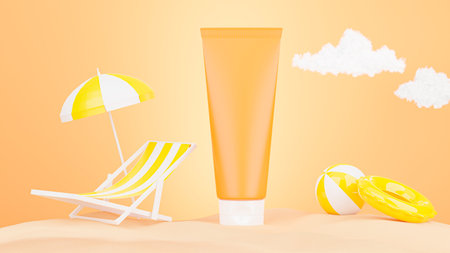 3d render of cosmetics bottle with summer sand beach concept for your mockup