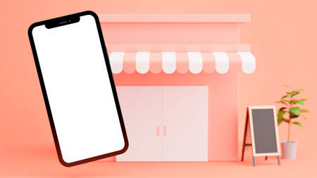 3d render of smartphone with cafe store background for your mockup