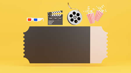 3d render of cinema ticket,popcorn,filmstrip,clapper,3d glasses for product displayの写真素材