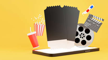 3d render of cinema ticket popup from smartphone with Booking tickets onling for product displayの写真素材