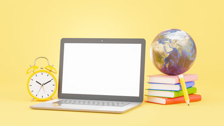 3d render of laptop with education concept,book stacking,pencil,alarm clock,mock globe for your mockup designの写真素材