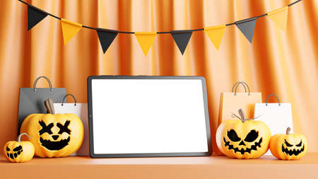 3d render of tablet with halloween shopping concept for product displayの写真素材