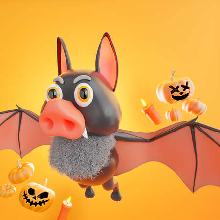 3d render of bat flying with halloween concept,pumpkin,candle on orange background