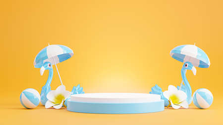 3d render of blue podium with summer beach,umbrella beach,plumeria,beach ball concept for product displayの写真素材