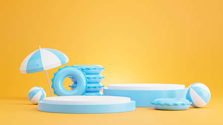 3d render of blue podium with summer beach,umbrella beach,swim rings,beach ball concept for product...