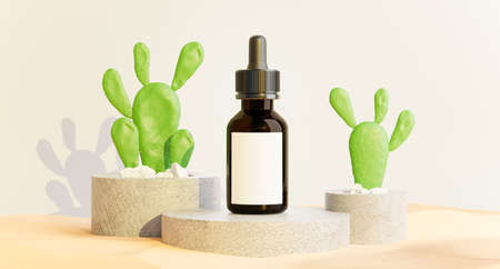 3d render of drop bottle with concrete podium,cactus for your product displayの写真素材