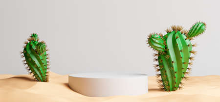 3d render of podium with cactus,sand for your product display