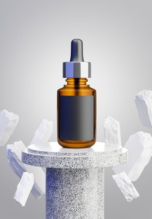 3d render of cosmetic bottle with floating podium marble,stone,for your product displayの写真素材