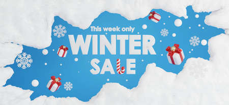 3d render of winter sale with ice crack on blue background.の写真素材