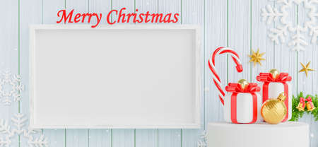 3d render of frame with merry christmas and happy new year concept on wooden boardの写真素材
