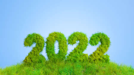 3d render of green grass on happy new year 2022 textの写真素材
