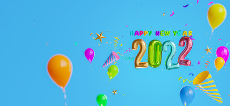 3d render of Happy new year 2022 balloons decoration with paper shoot colofull