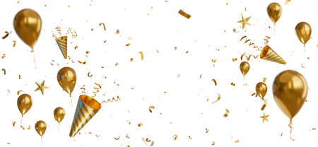 3d render of gold confetti floating decoration with paper shoot colofullの写真素材
