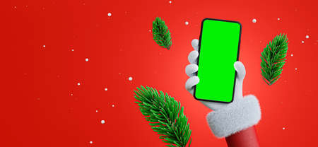 3d render of smartphone with santa claus hand for product display,green screenの写真素材