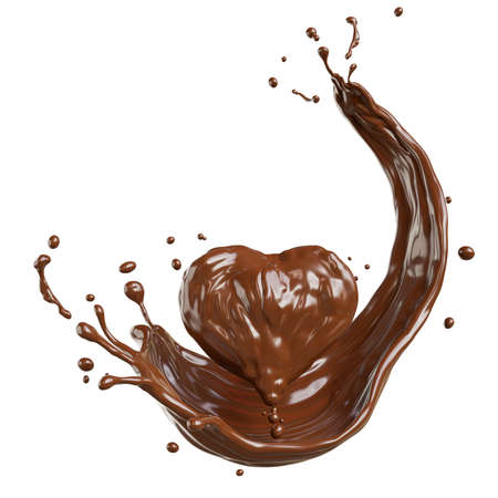 3D rendering of chocolate splash in heart shape isolated  on white background.の写真素材